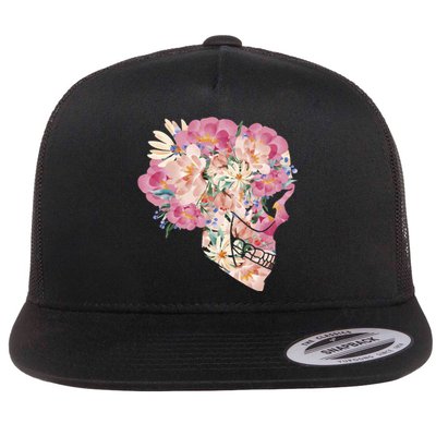 Skull Floral Watercolor Art Flat Bill Trucker Hat