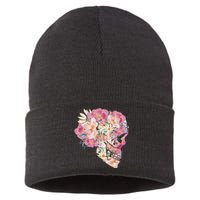 Skull Floral Watercolor Art Sustainable Knit Beanie