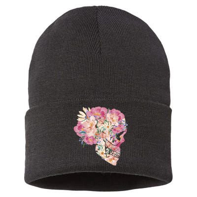 Skull Floral Watercolor Art Sustainable Knit Beanie