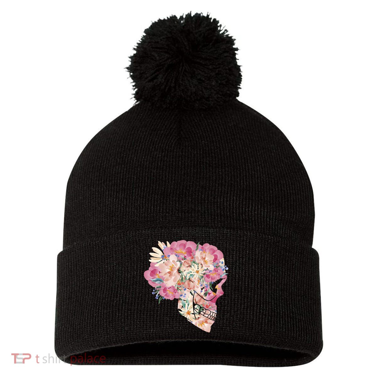 Skull Floral Watercolor Art Pom Pom 12in Knit Beanie