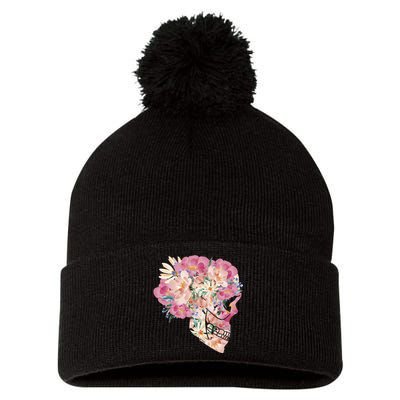 Skull Floral Watercolor Art Pom Pom 12in Knit Beanie