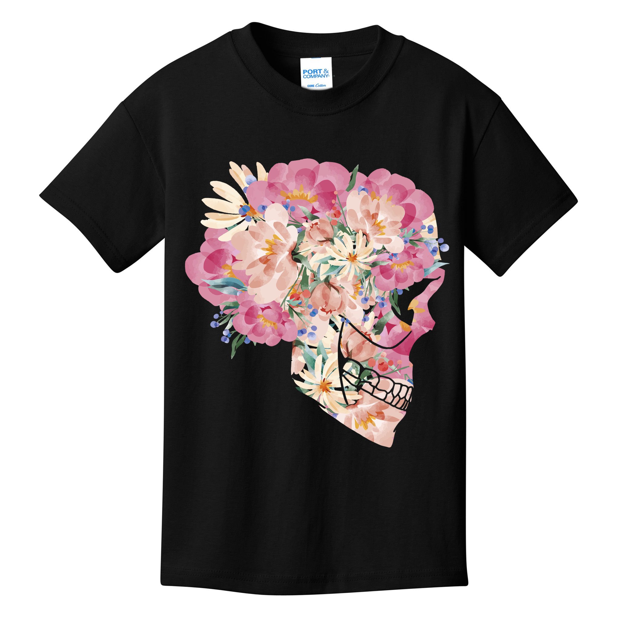 Skull Floral Watercolor Art Kids T-Shirt