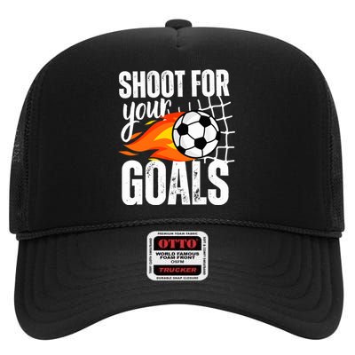 Shoot For Your Goals Soccer Boy Saying Distressed Graphic High Crown Mesh Back Trucker Hat