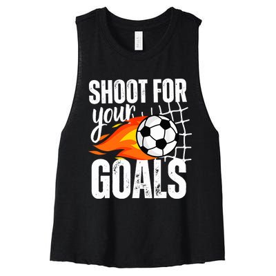 Shoot For Your Goals Soccer Boy Saying Distressed Graphic Women's Racerback Cropped Tank