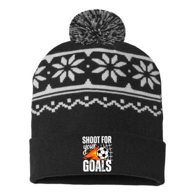 Shoot For Your Goals Soccer Boy Saying Distressed Graphic USA-Made Snowflake Beanie