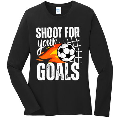 Shoot For Your Goals Soccer Boy Saying Distressed Graphic Ladies Long Sleeve Shirt