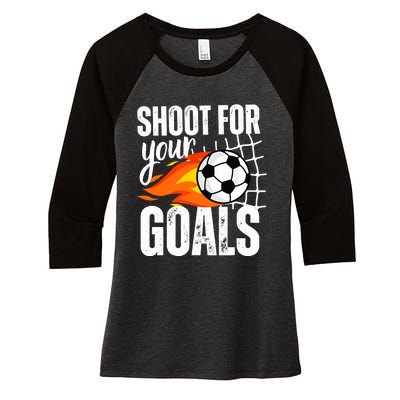 Shoot For Your Goals Soccer Boy Saying Distressed Graphic Women's Tri-Blend 3/4-Sleeve Raglan Shirt