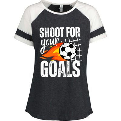 Shoot For Your Goals Soccer Boy Saying Distressed Graphic Enza Ladies Jersey Colorblock Tee