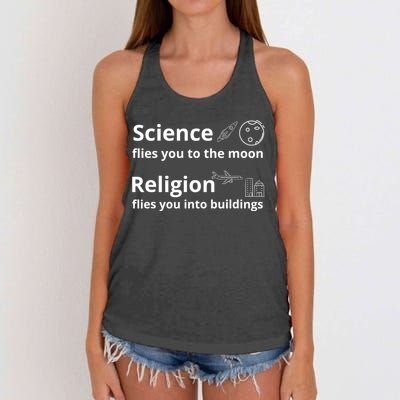 Science Flies You The Moon Religion Flies You Into Buildings Women's Knotted Racerback Tank
