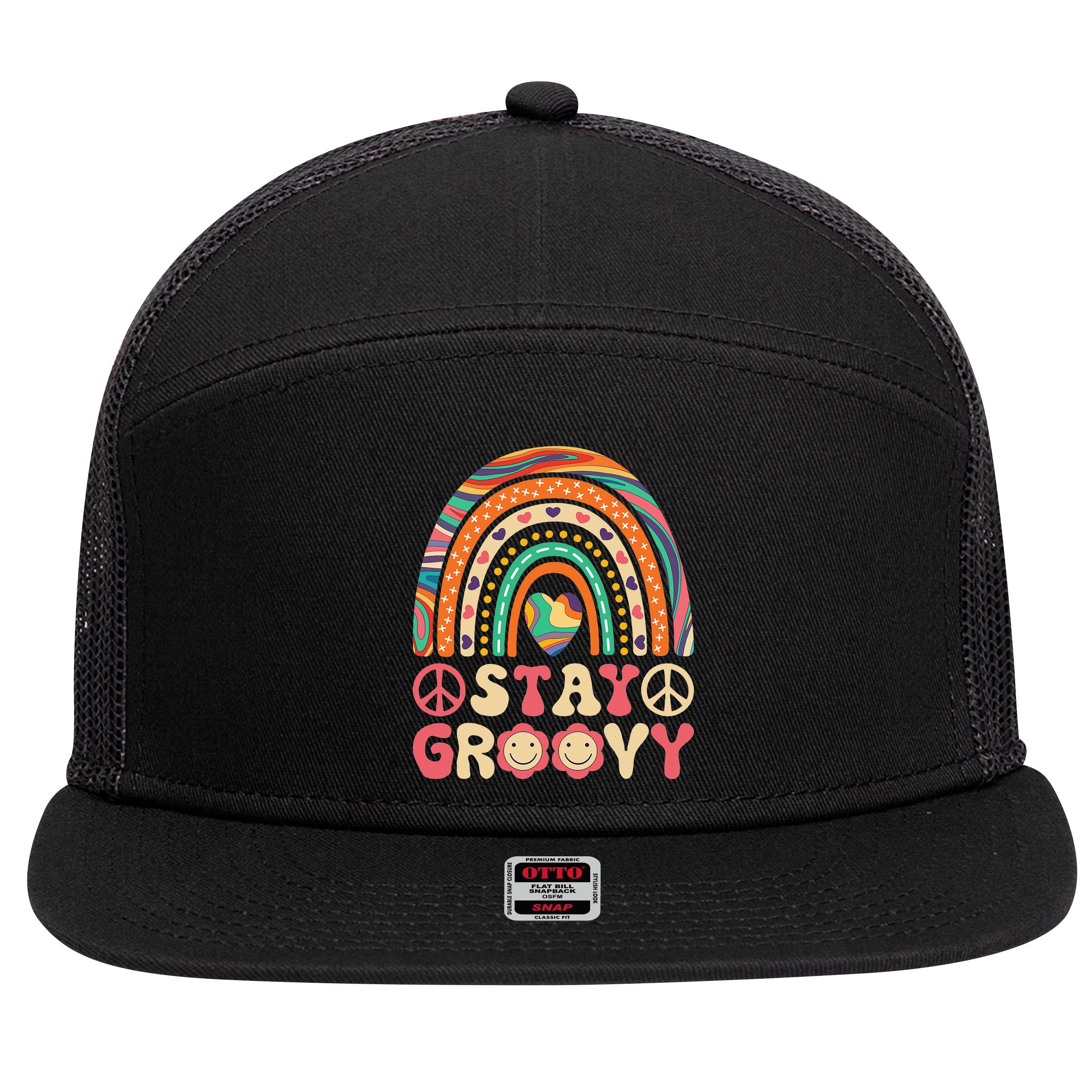 Stay Groovy 60s Outfit 70s Theme Costume Cute Rainbow Hippie 7 Panel Mesh Trucker Snapback Hat