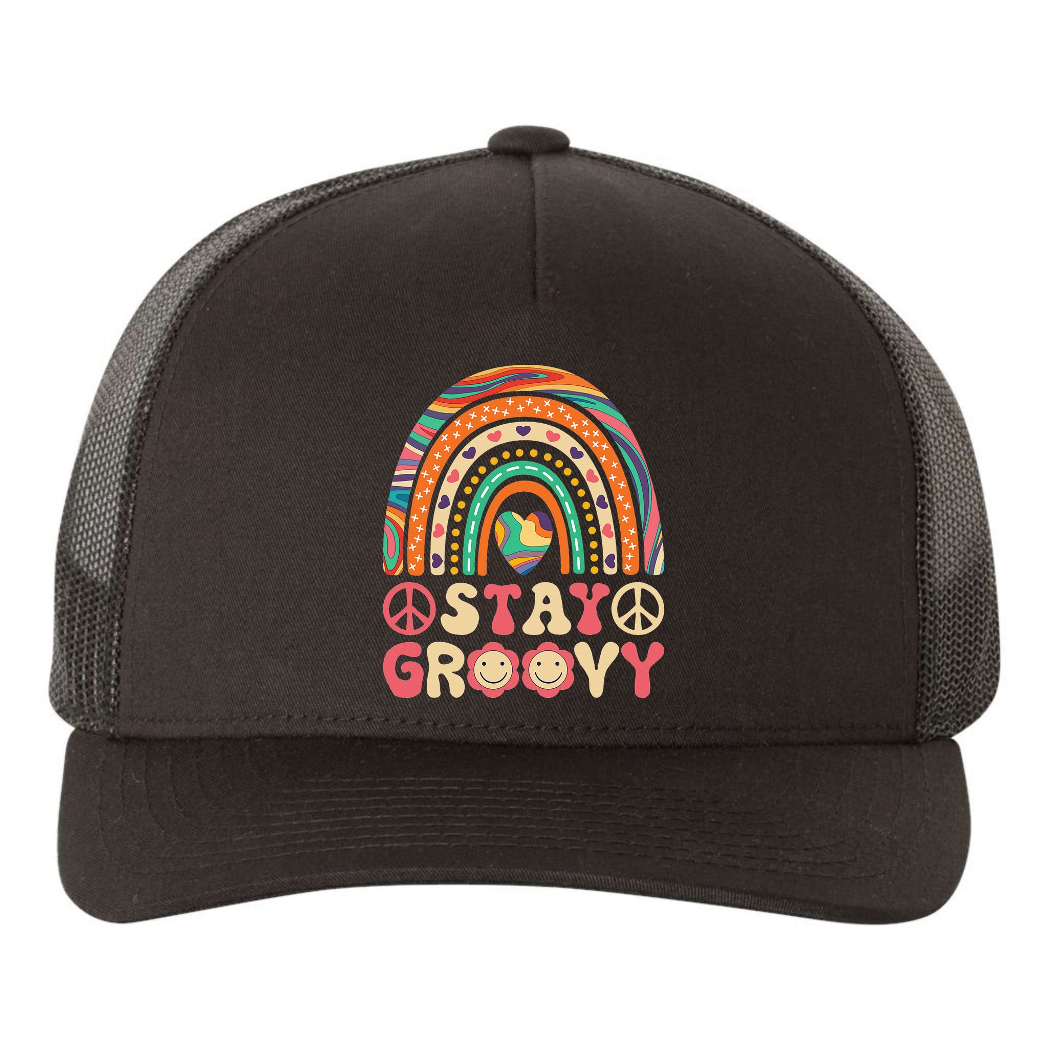 Stay Groovy 60s Outfit 70s Theme Costume Cute Rainbow Hippie Yupoong Adult 5-Panel Trucker Hat