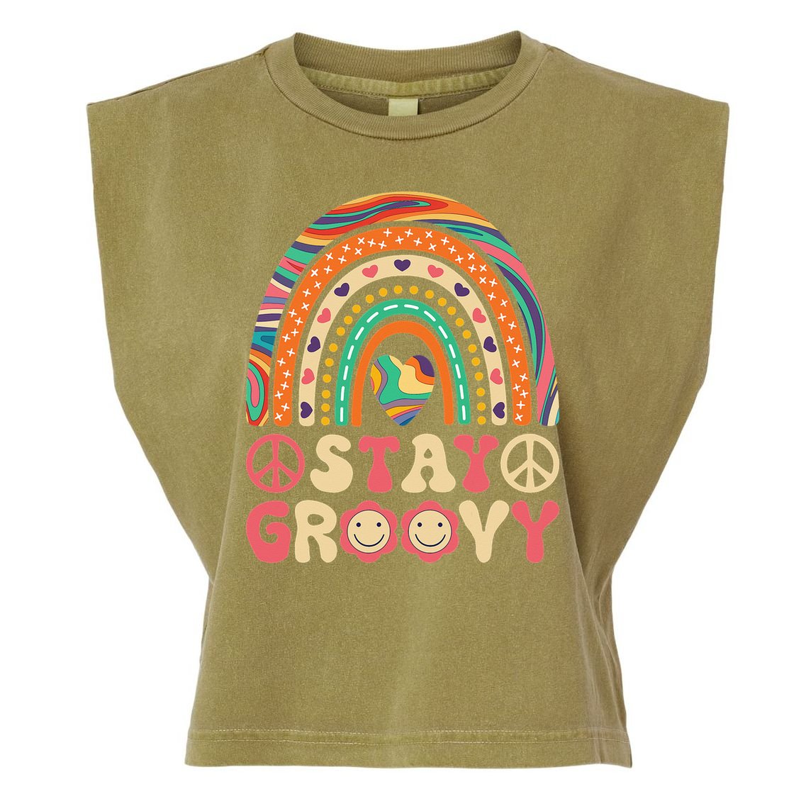 Stay Groovy 60s Outfit 70s Theme Costume Cute Rainbow Hippie Garment-Dyed Women's Muscle Tee