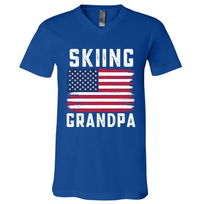 Skiing Grandpa American Flag July 4th Gift V-Neck T-Shirt