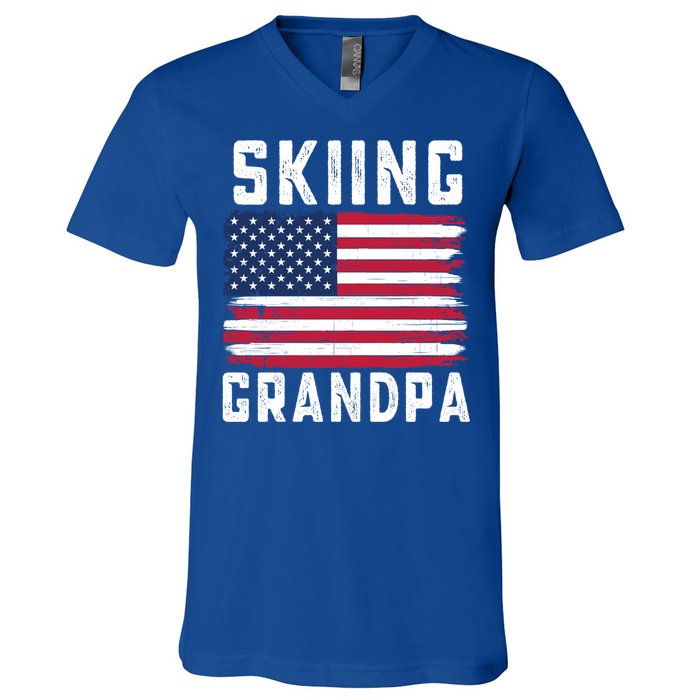 Skiing Grandpa American Flag July 4th Gift V-Neck T-Shirt