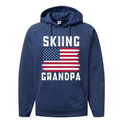 Skiing Grandpa American Flag July 4th Gift Performance Fleece Hoodie