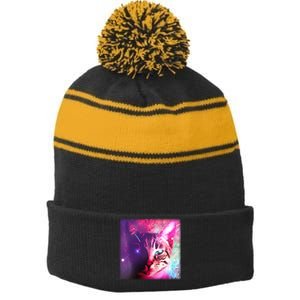 Spacy Galaxy Alien Cat Stripe Pom Pom Beanie