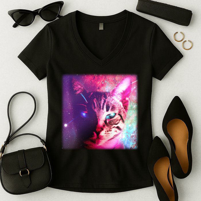 Spacy Galaxy Alien Cat Women's V-Neck T-Shirt