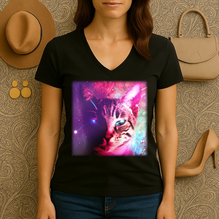Spacy Galaxy Alien Cat Women's V-Neck T-Shirt