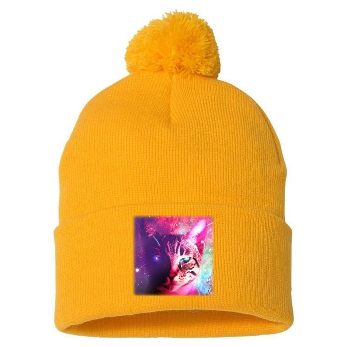 Spacy Galaxy Alien Cat Pom Pom 12in Knit Beanie