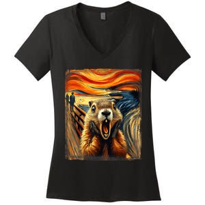 Scream Groundhog | Artistic Groundhog Day Women's V-Neck T-Shirt