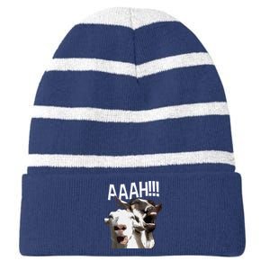 Screaming Goats AAAH Funny Crazy Goat Lover Print Striped Beanie with Solid Band