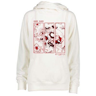 Soft Grunge Aesthetic Skull And Roses Japanese Game Over Womens Funnel Neck Pullover Hood