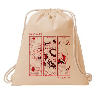 Soft Grunge Aesthetic Skull And Roses Japanese Game Over Drawstring Bag