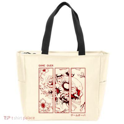 Soft Grunge Aesthetic Skull And Roses Japanese Game Over Zip Tote Bag