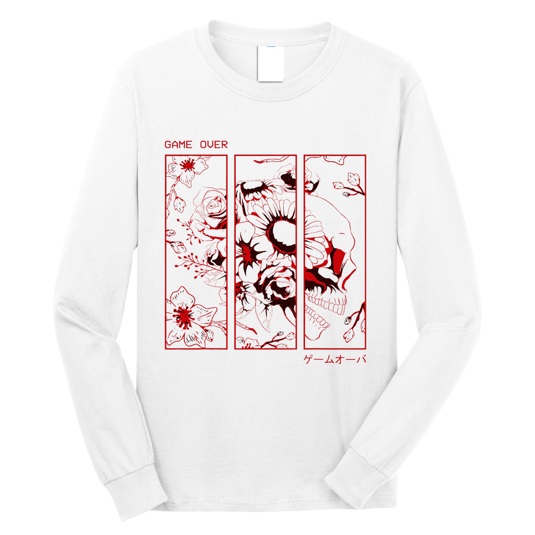 Soft Grunge Aesthetic Skull And Roses Japanese Game Over Long Sleeve Shirt
