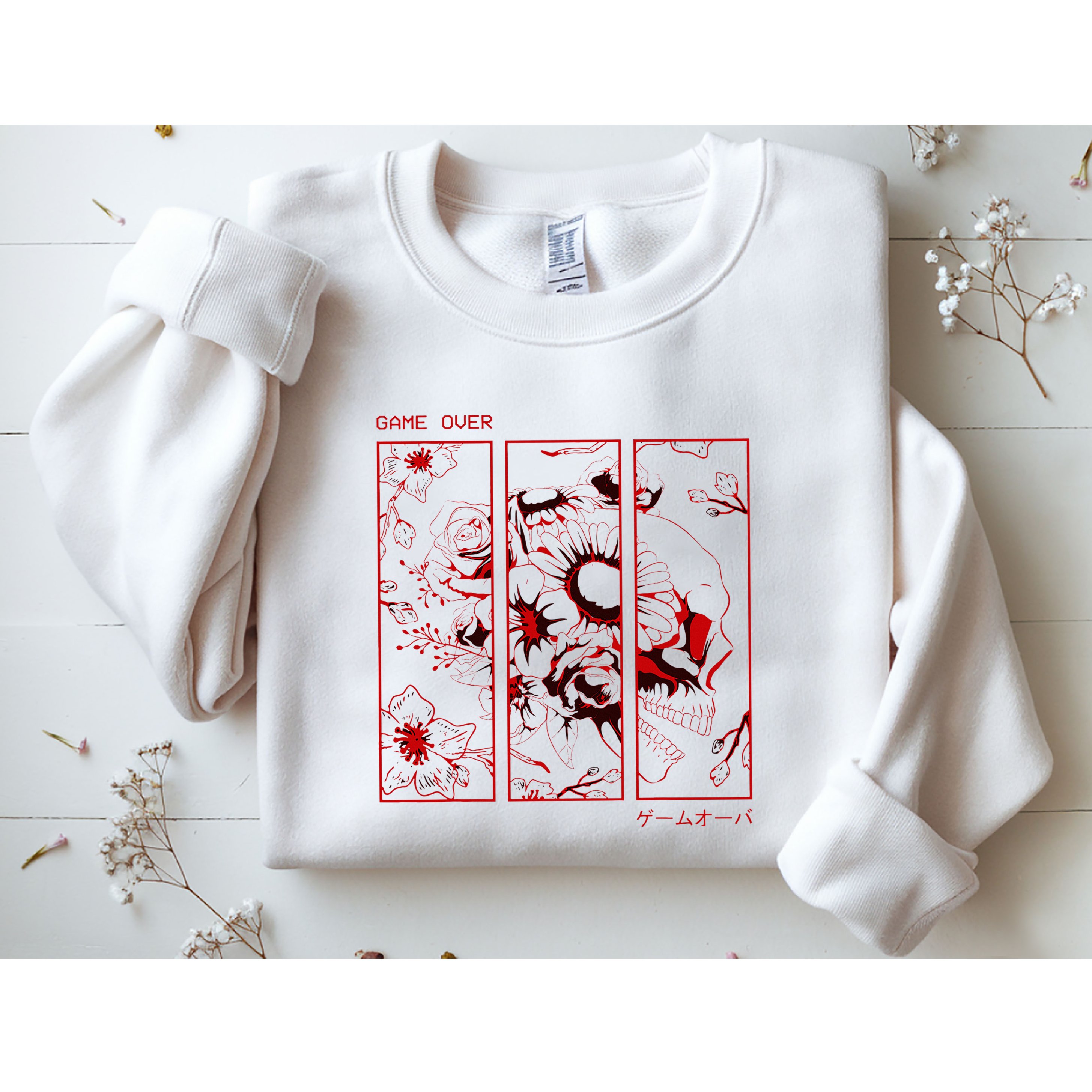 Soft Grunge Aesthetic Skull And Roses Japanese Game Over Sweatshirt