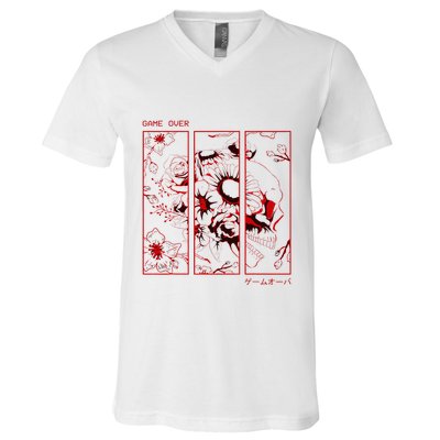 Soft Grunge Aesthetic Skull And Roses Japanese Game Over V-Neck T-Shirt