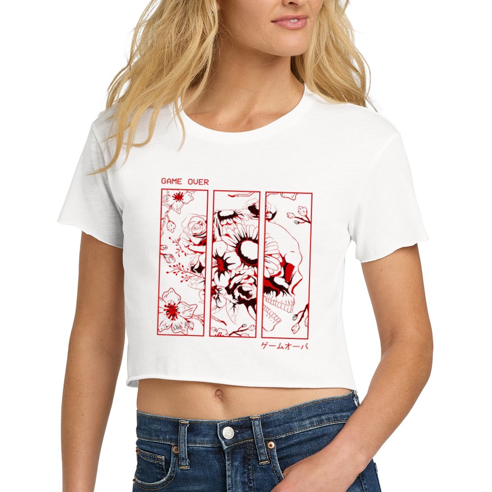 Soft Grunge Aesthetic Skull And Roses Japanese Game Over Women's Crop Top Tee