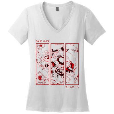 Soft Grunge Aesthetic Skull And Roses Japanese Game Over Women's V-Neck T-Shirt