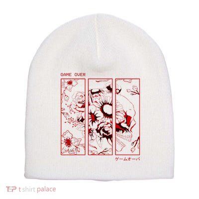 Soft Grunge Aesthetic Skull And Roses Japanese Game Over Short Acrylic Beanie