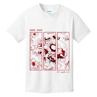 Soft Grunge Aesthetic Skull And Roses Japanese Game Over Kids T-Shirt