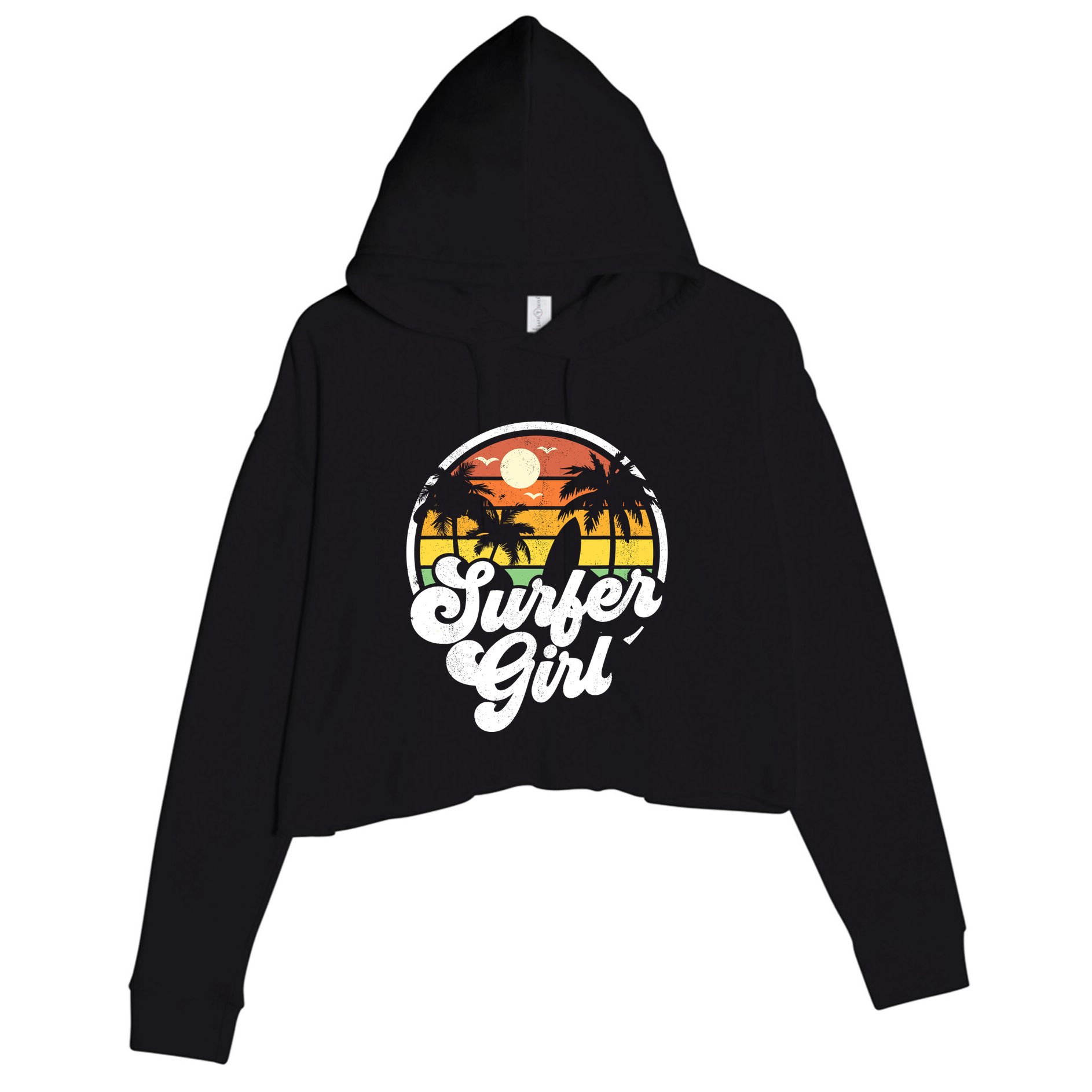 Surfer Girl Beach Retro 70s Summer Surfing Vacation Gift Crop Fleece Hoodie