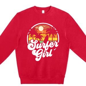 Surfer Girl Beach Retro 70s Summer Surfing Vacation Gift Premium Crewneck Sweatshirt