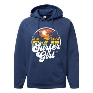 Surfer Girl Beach Retro 70s Summer Surfing Vacation Gift Performance Fleece Hoodie