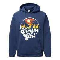 Surfer Girl Beach Retro 70s Summer Surfing Vacation Gift Performance Fleece Hoodie