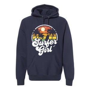 Surfer Girl Beach Retro 70s Summer Surfing Vacation Gift Premium Hoodie