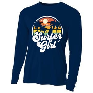 Surfer Girl Beach Retro 70s Summer Surfing Vacation Gift Cooling Performance Long Sleeve Crew