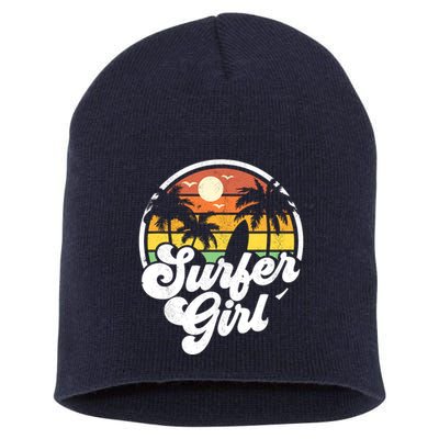 Surfer Girl Beach Retro 70s Summer Surfing Vacation Gift Short Acrylic Beanie