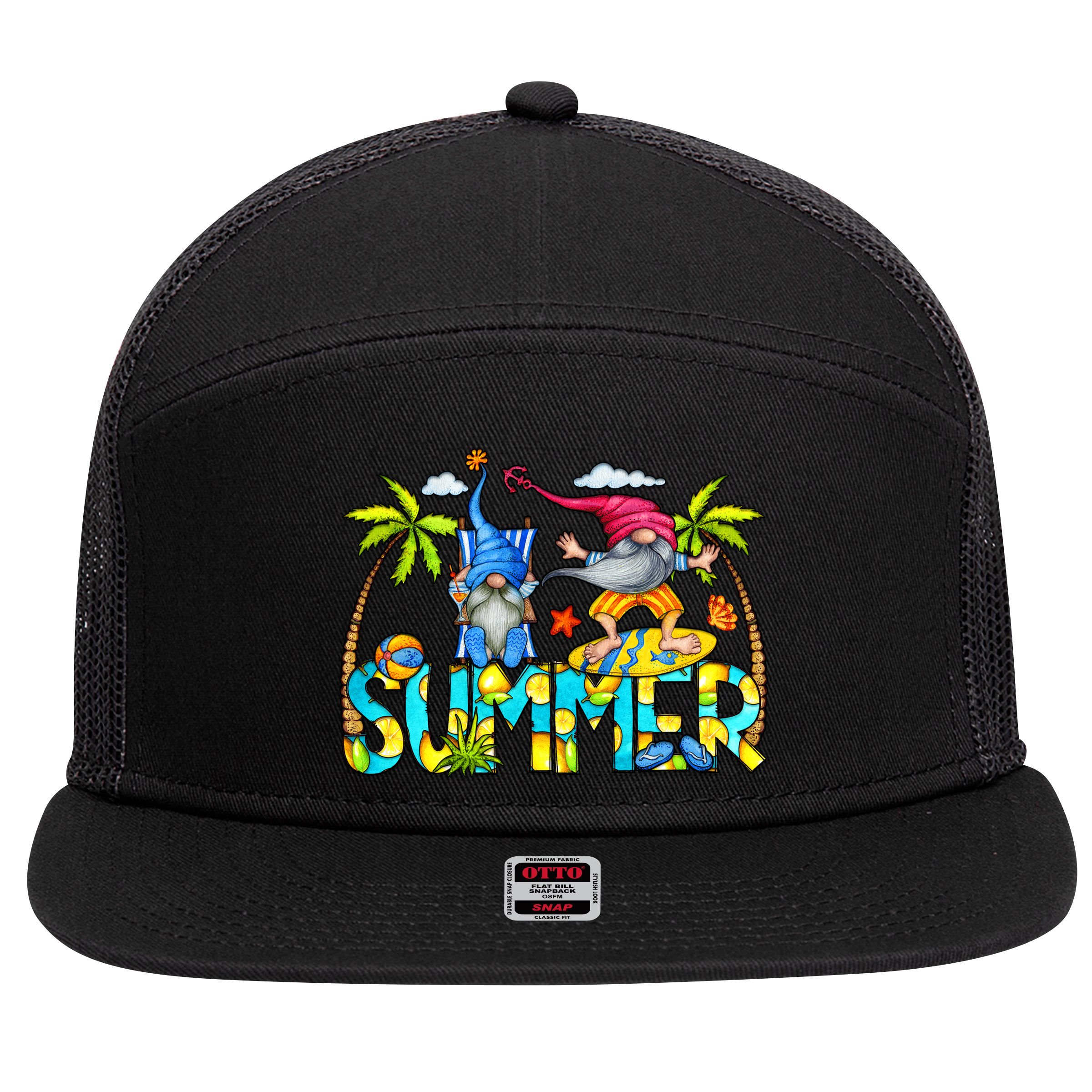 Summer Gnomes Beach 7 Panel Mesh Trucker Snapback Hat