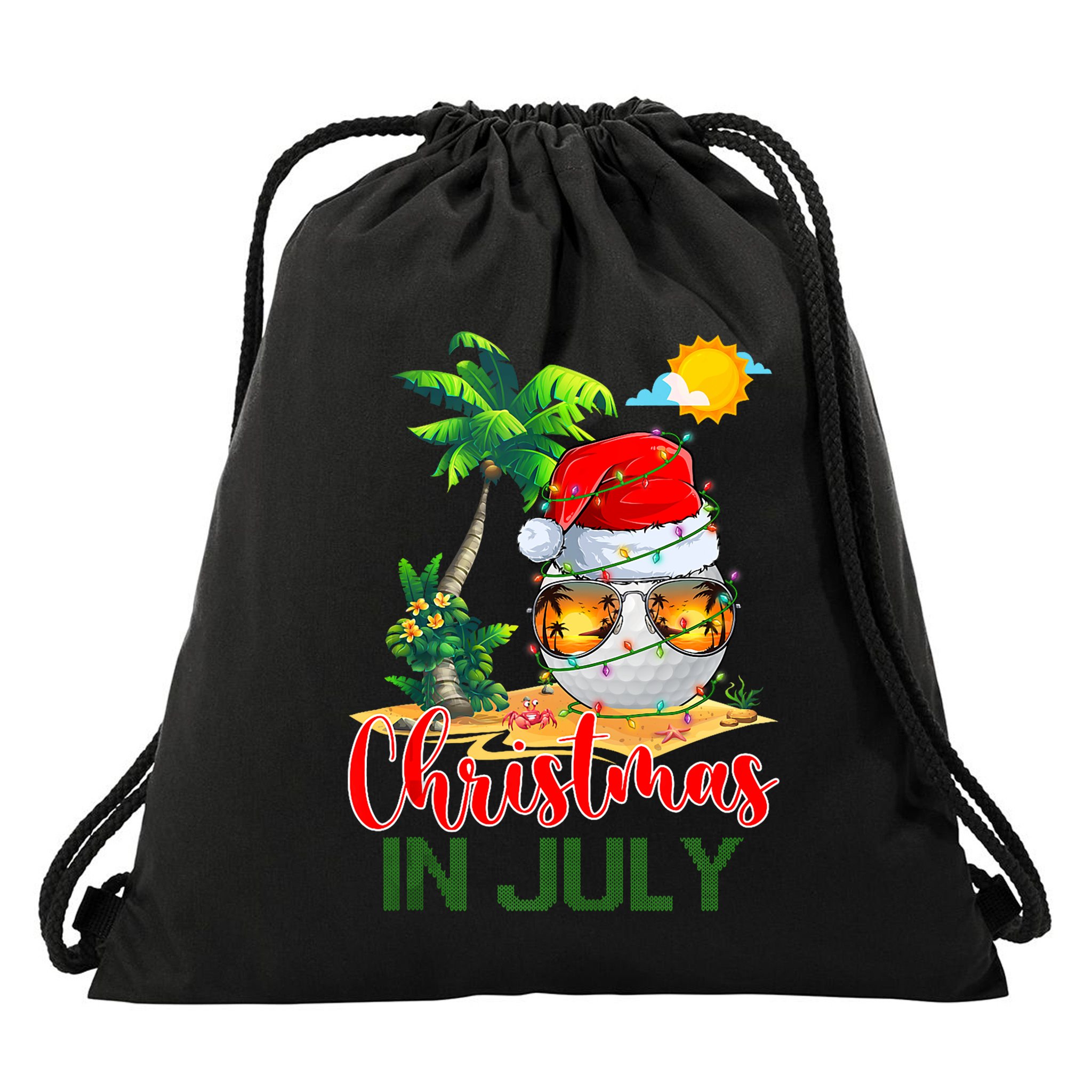 Santa Golf Ball Sunglasses & Xmas Lights Christmas In July Tank Top Drawstring Bag