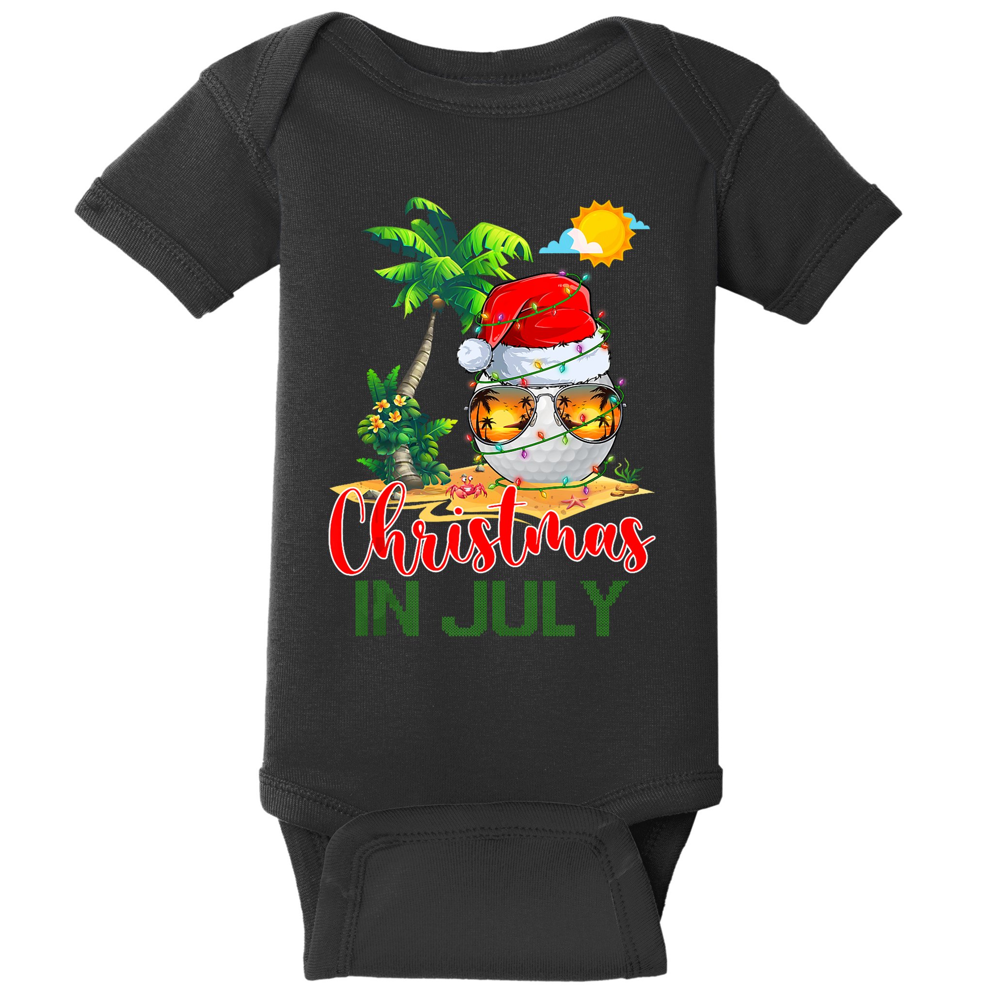 Santa Golf Ball Sunglasses & Xmas Lights Christmas In July Tank Top Baby Bodysuit