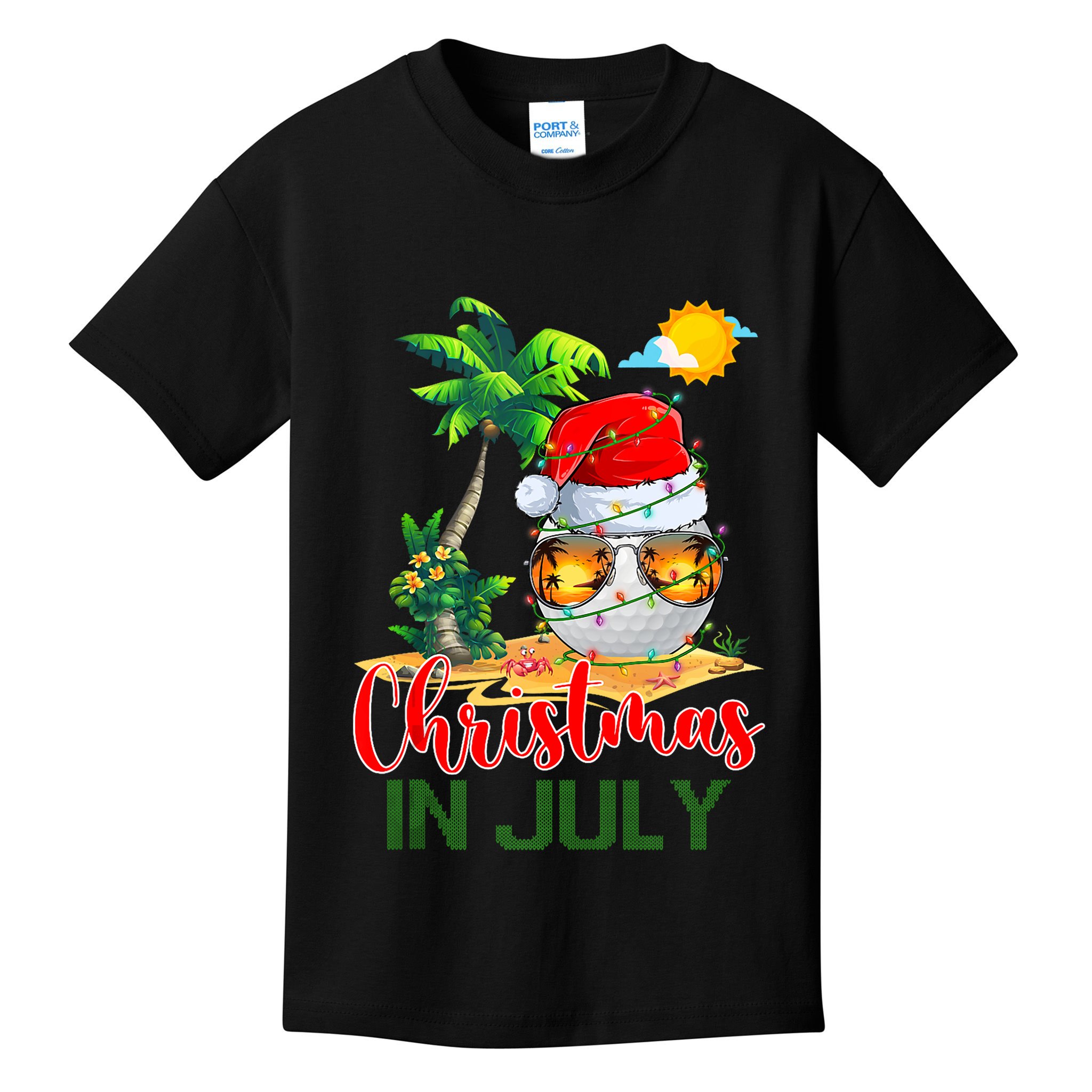 Santa Golf Ball Sunglasses & Xmas Lights Christmas In July Tank Top Kids T-Shirt