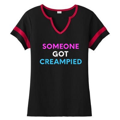 Someone Got Creampied Funny Gender Reveal Party Ladies Halftime Notch Neck Tee