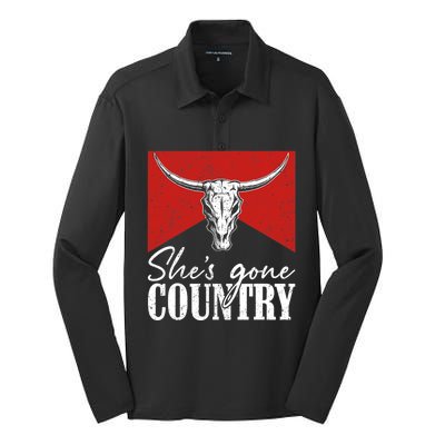 Shes Gone Country Music Howdy Rodeo Bull Skull Western Silk Touch Performance Long Sleeve Polo