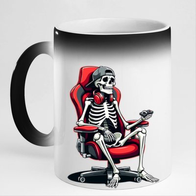 Skeleton Gamer Cool Halloween Video Gaming Chair Headset Gift 11oz Black Color Changing Mug