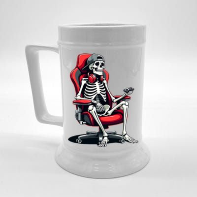 Skeleton Gamer Cool Halloween Video Gaming Chair Headset Gift Beer Stein